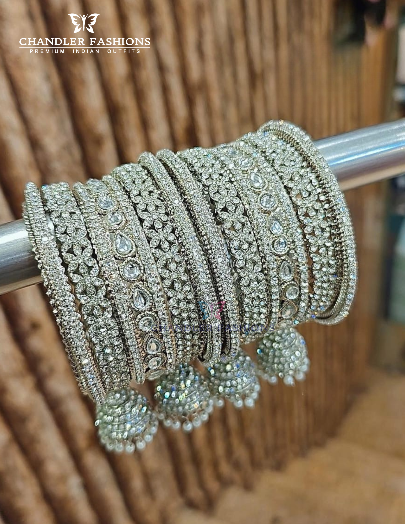 Elegant Silver Color Jhumka Chain And Stone Design Metal Bangles For Women