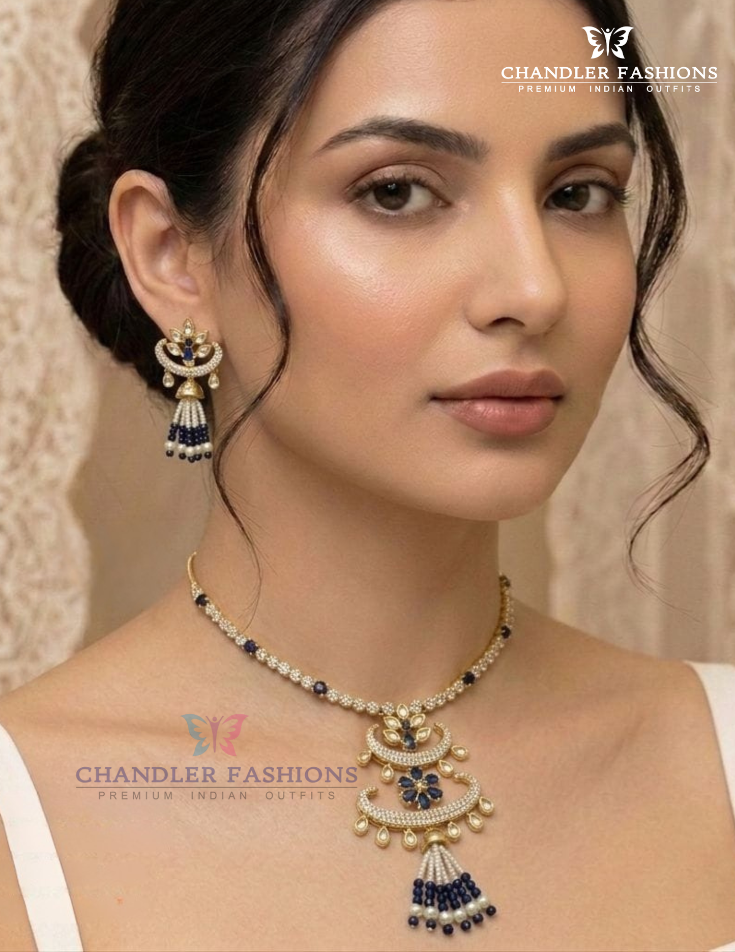 Beautiful Antique Gold Blue And White Color Stone Pearl Design Necklace With Earring Set