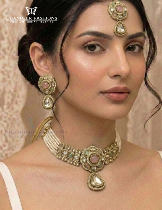 Stunning Antique Gold Multicolor Stone Design Necklace With Maang Tikka And Earrings