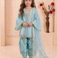 Charming Light Blue Color Roman Silk Embroidery And Sequins Work Kurti With Dhoti Pant For Girls