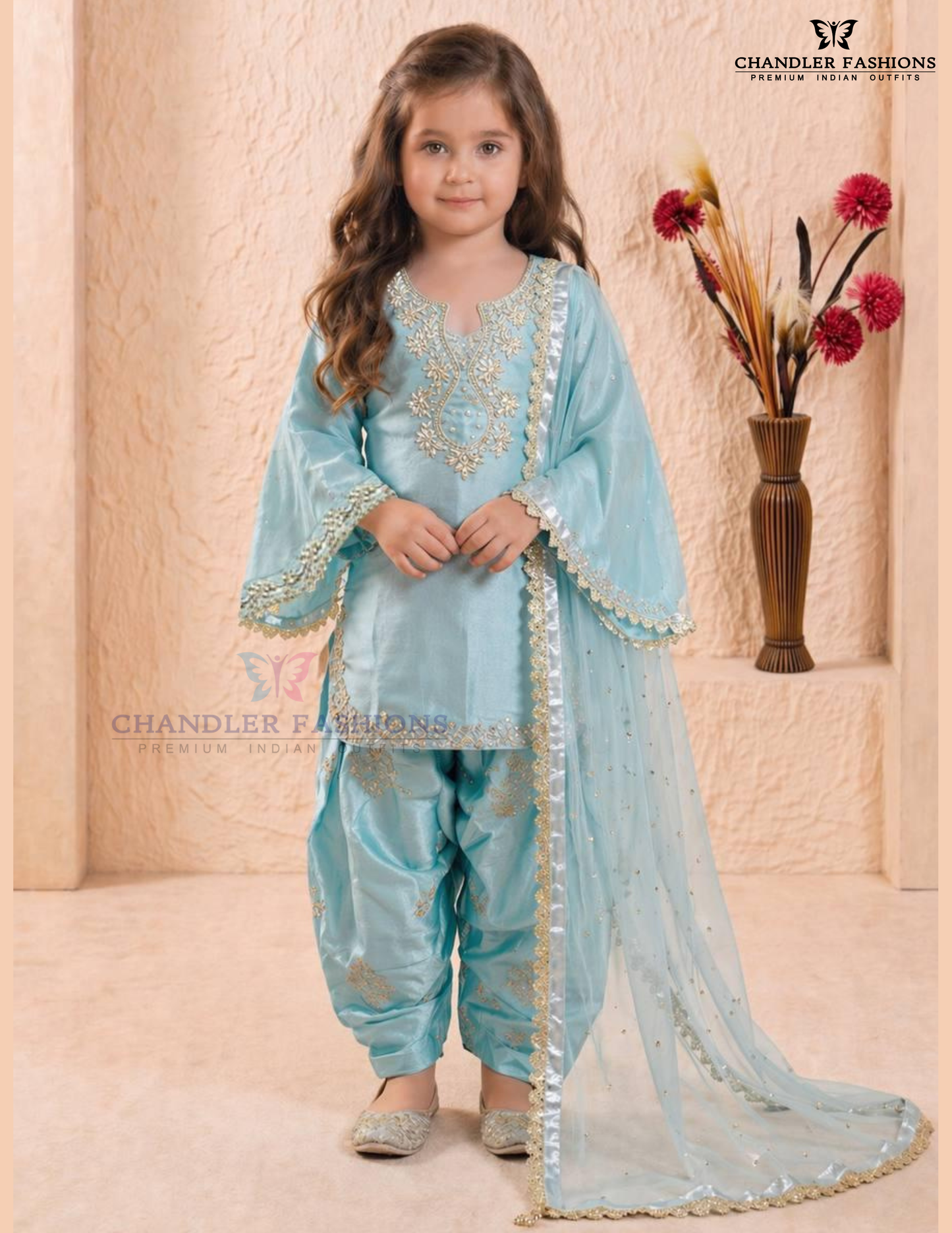Charming Light Blue Color Roman Silk Embroidery And Sequins Work Kurti With Dhoti Pant For Girls