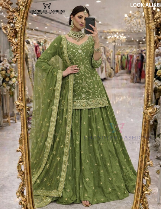 Fabulous Green Color Shimmer Silk Embroidery And Sequins Work Lehenga Choli With Dupatta