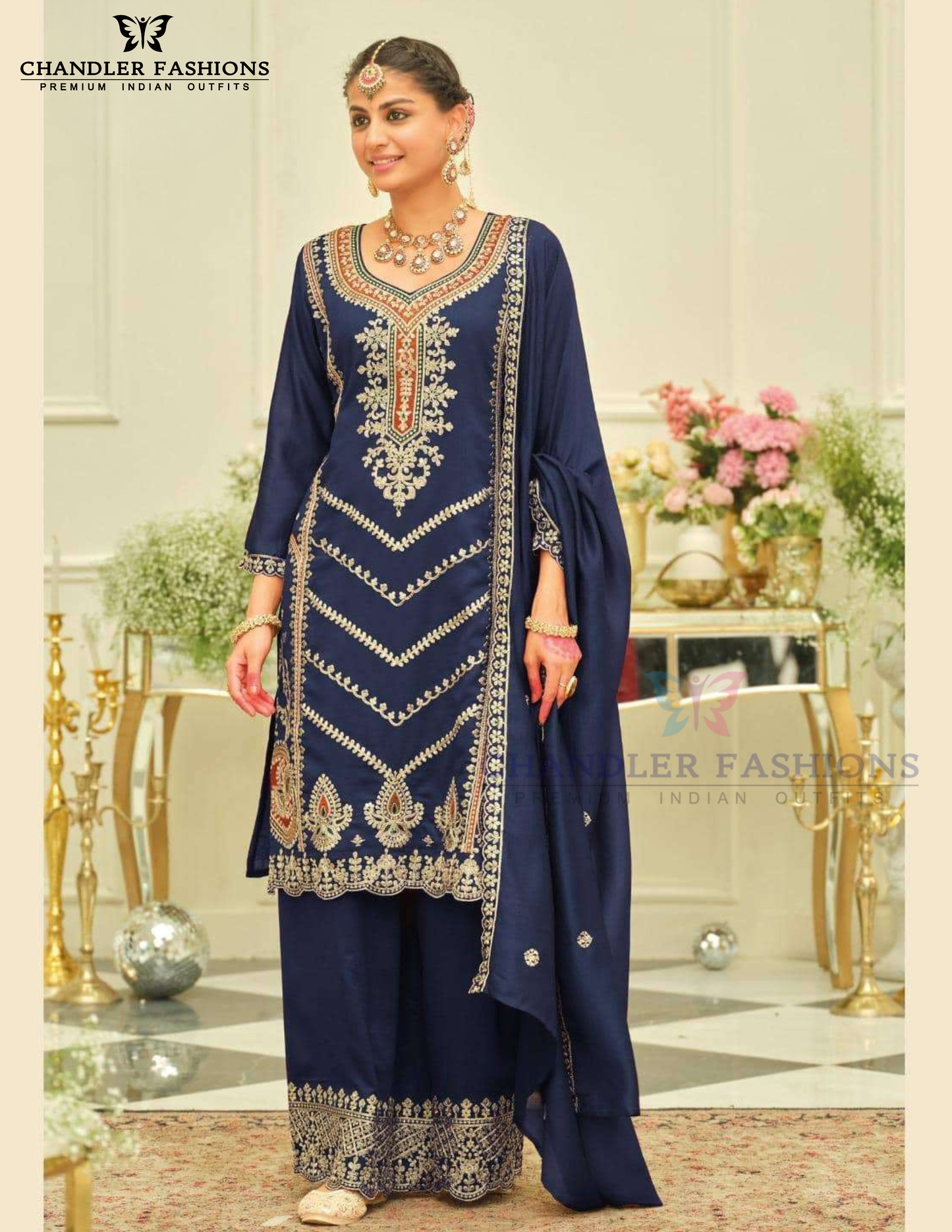 Navy Blue Color Silk With Embroidery Work Palazzo Suits In USA