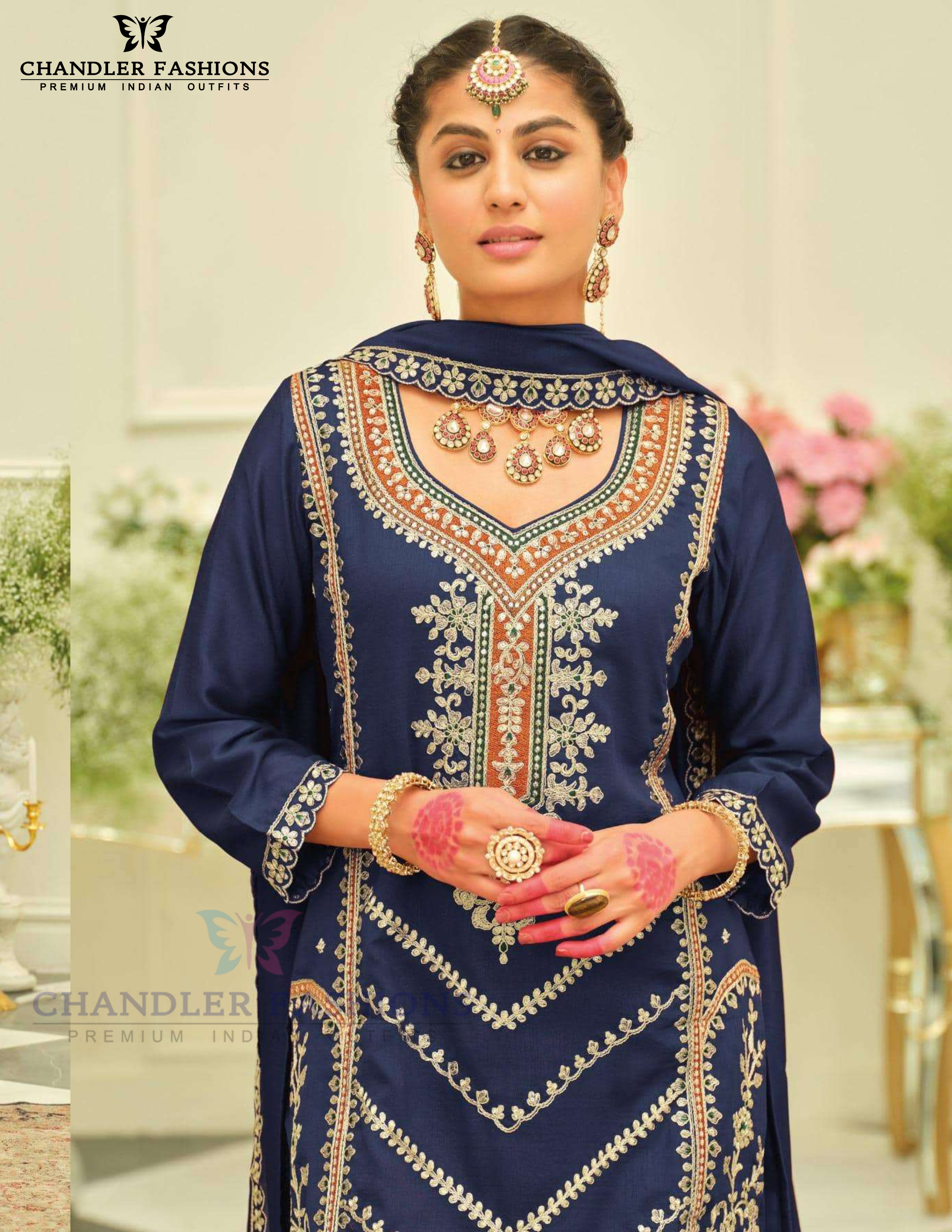 Navy Blue Color Silk With Embroidery Work Palazzo Suits Near Me