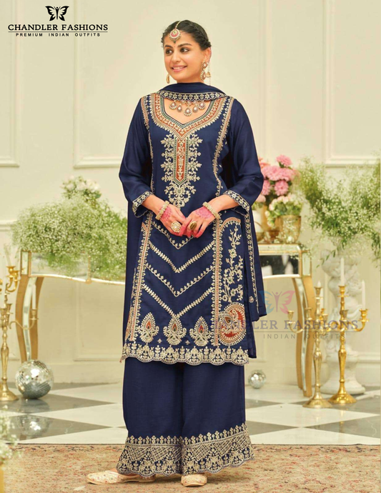 Charming Navy Blue Color Silk With Embroidery Work Palazzo Suits For Women