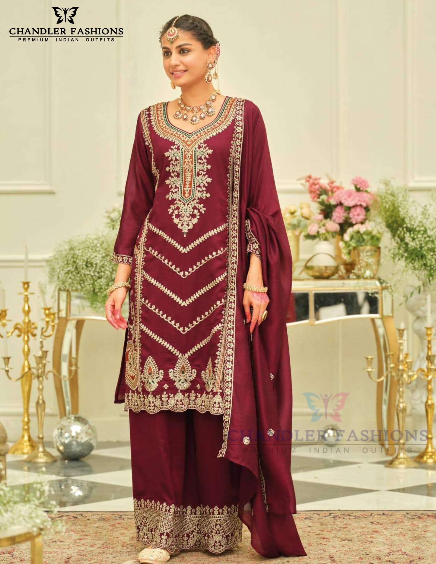 Maroon Color Silk With Embroidery Work Palazzo Suits In USA