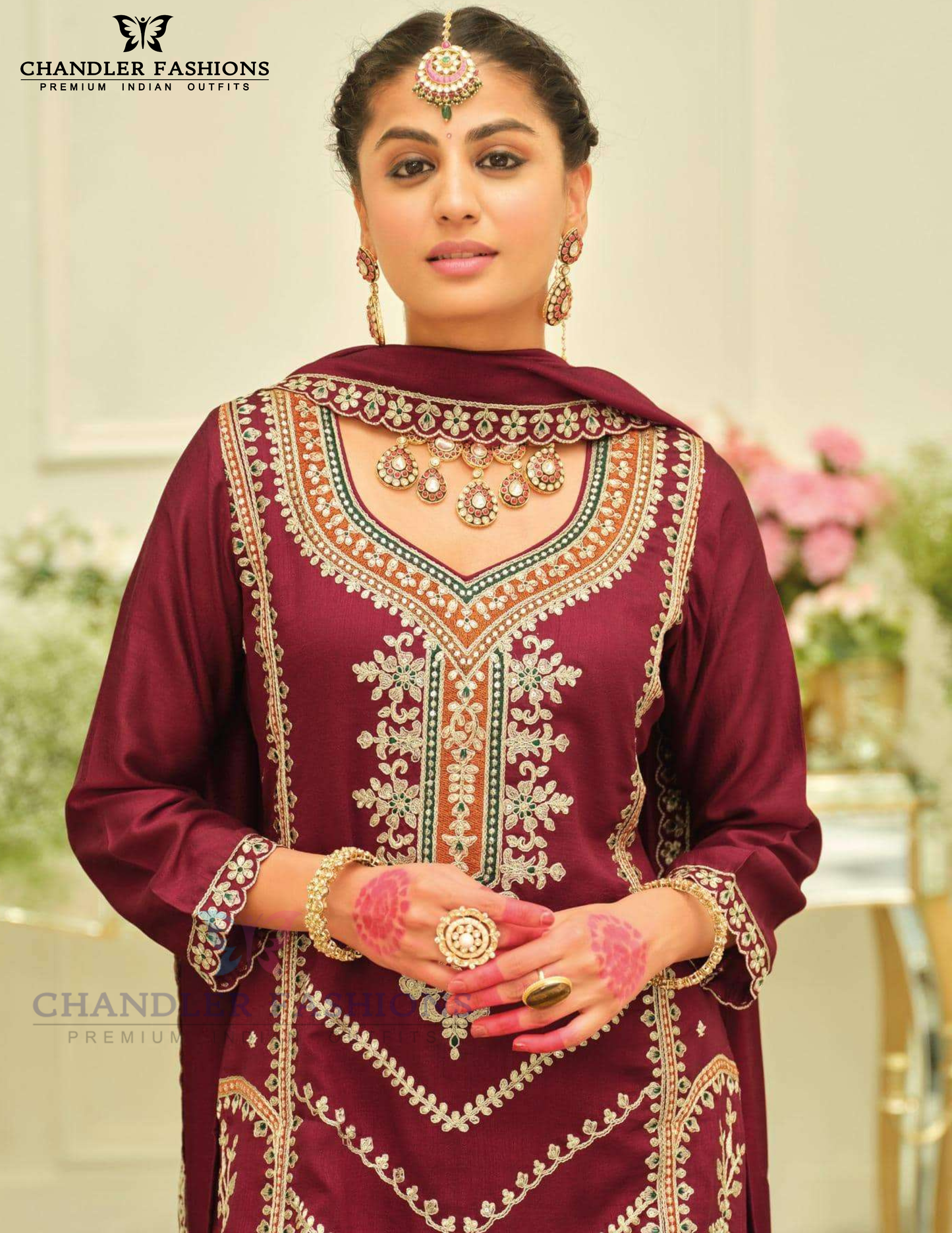 Maroon Color Silk With Embroidery Work Palazzo Suits In Mesa
