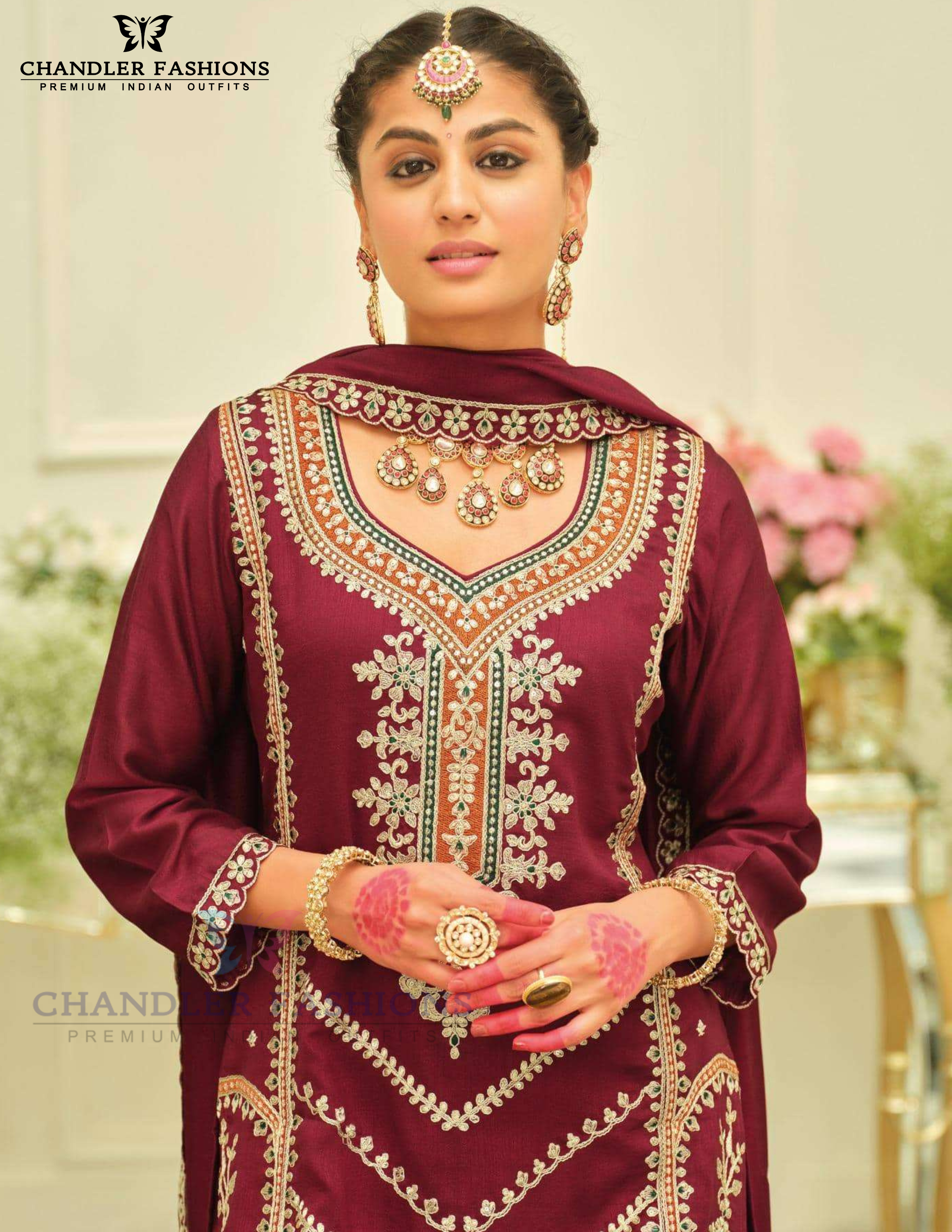 Maroon Color Silk With Embroidery Work Palazzo Suits In Mesa