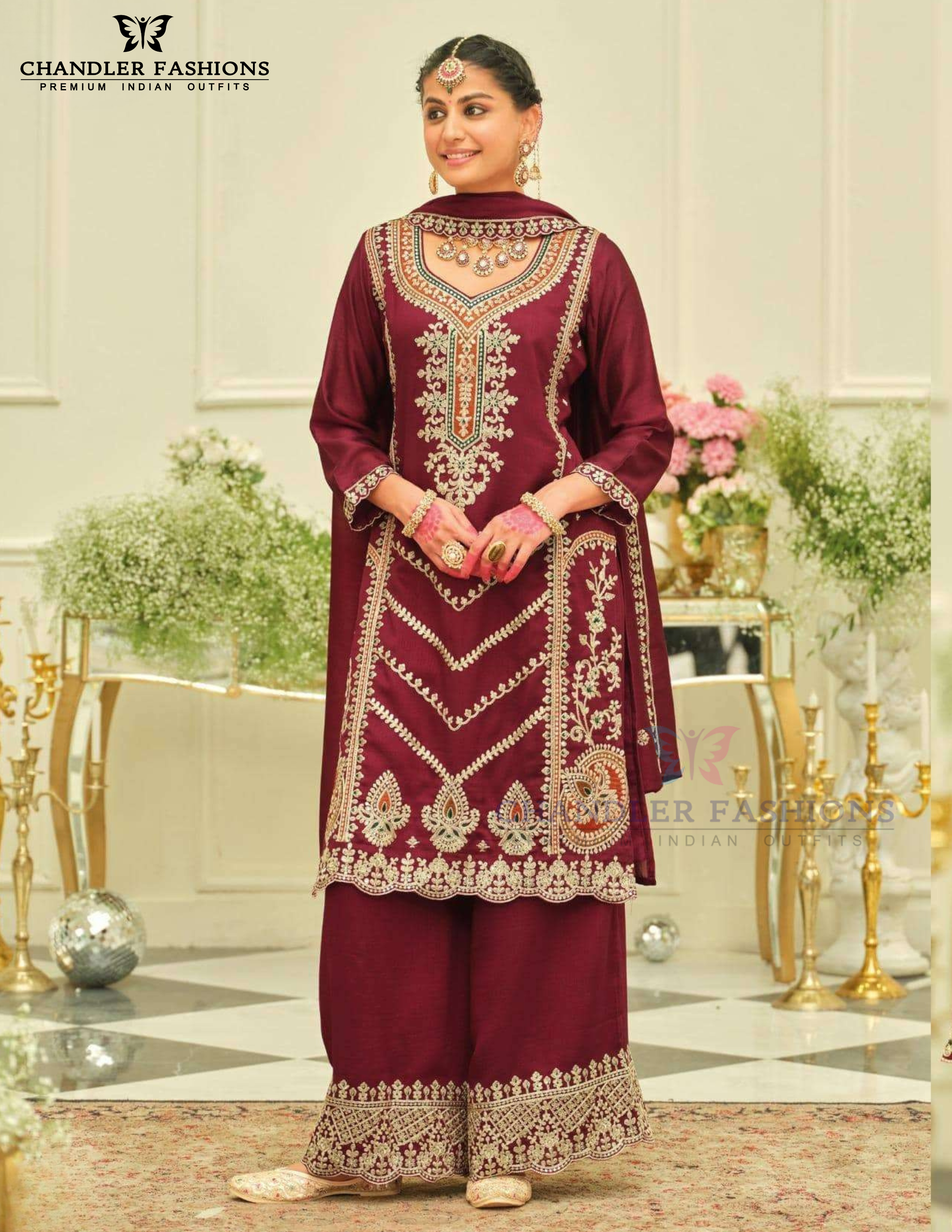 Gorgeous Maroon Color Silk With Embroidery Work Palazzo Suits For Women