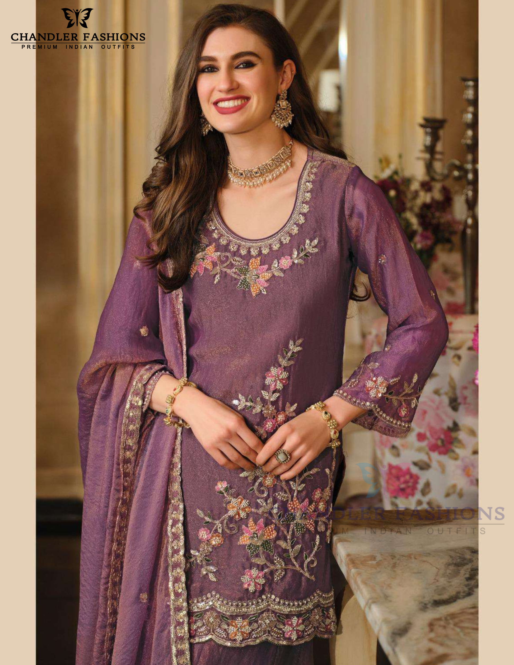 Shimmer Silk With Embroidery Work Dual Tone Palazzo Suits Near Me