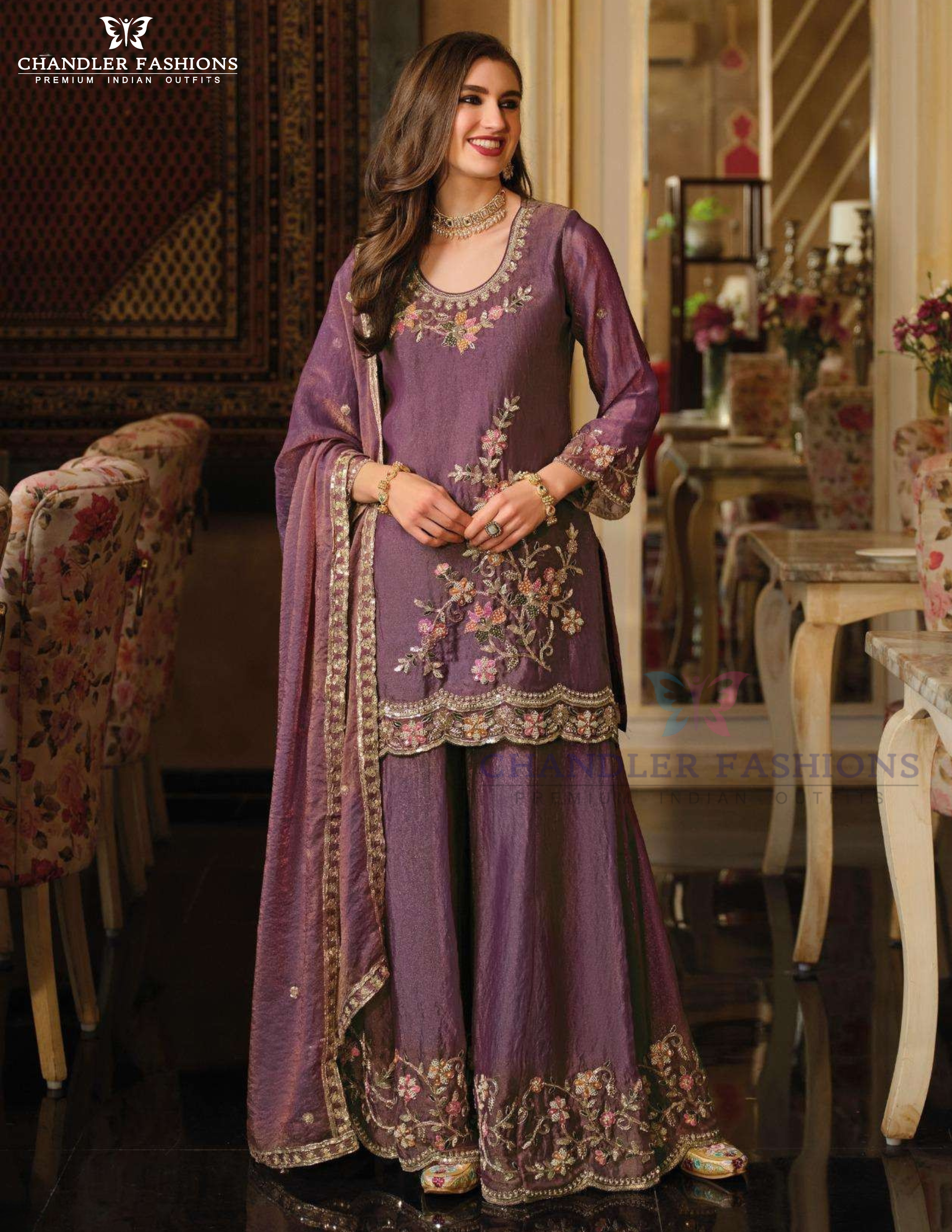 Stunning Purple Color Shimmer Silk With Embroidery Work Dual Tone Palazzo Suits With Dupatta