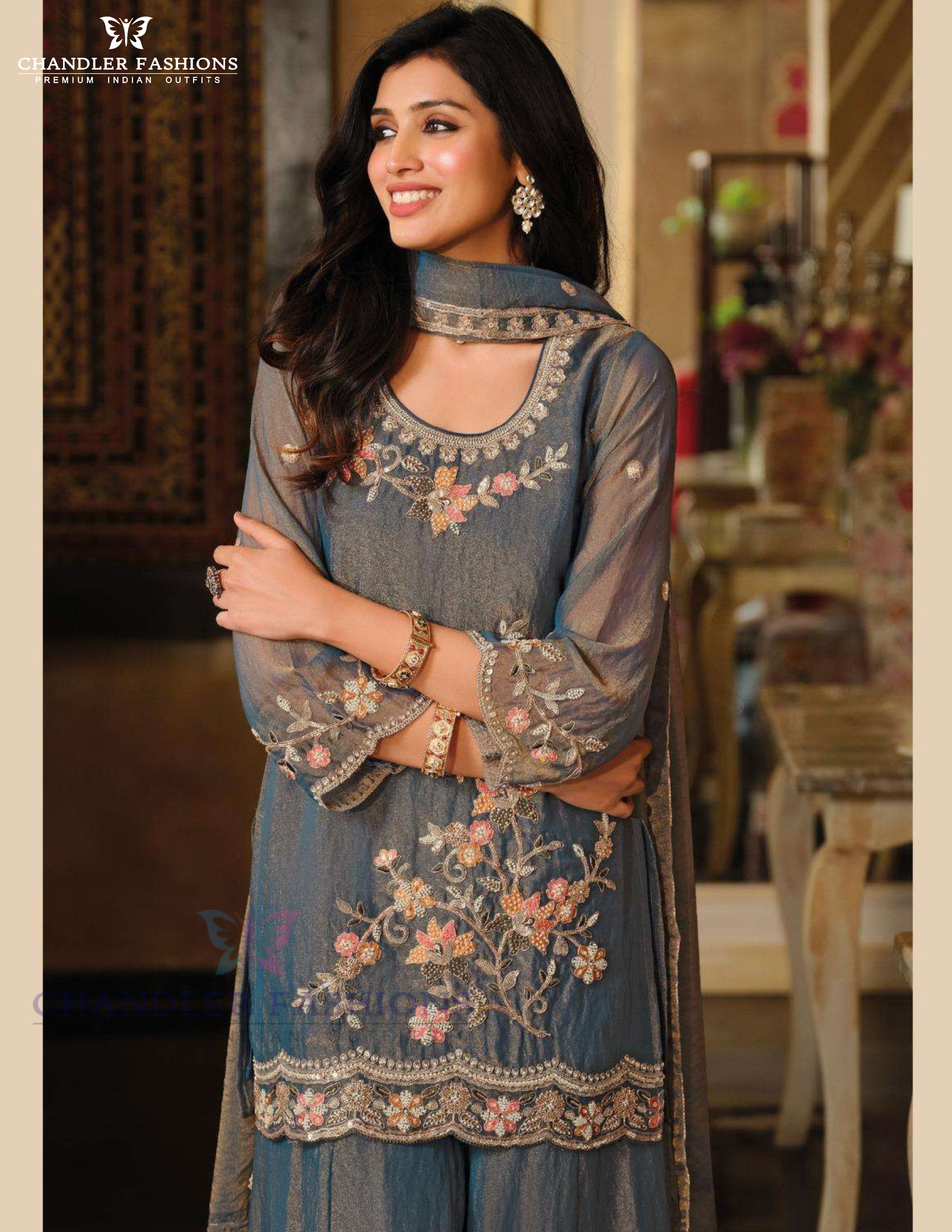 Shimmer Silk With Embroidery Work Dual Tone Palazzo Suits Near Me