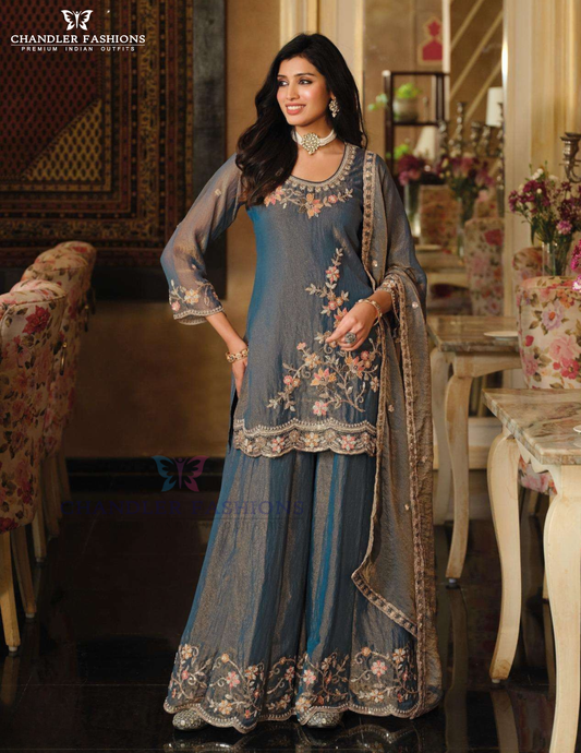Attractive Blue Color Shimmer Silk With Embroidery Work Dual Tone Palazzo Suits With Dupatta