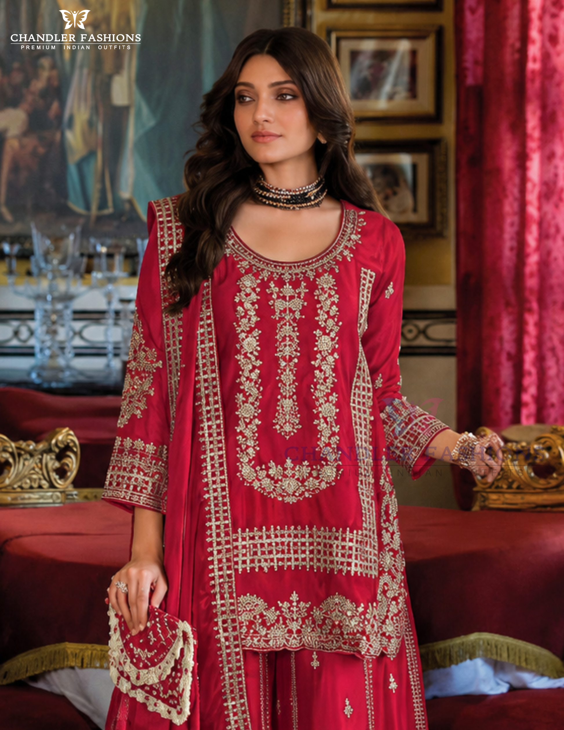 Red Color Chinon With Embroidery Work Palazzo Suits Near Me