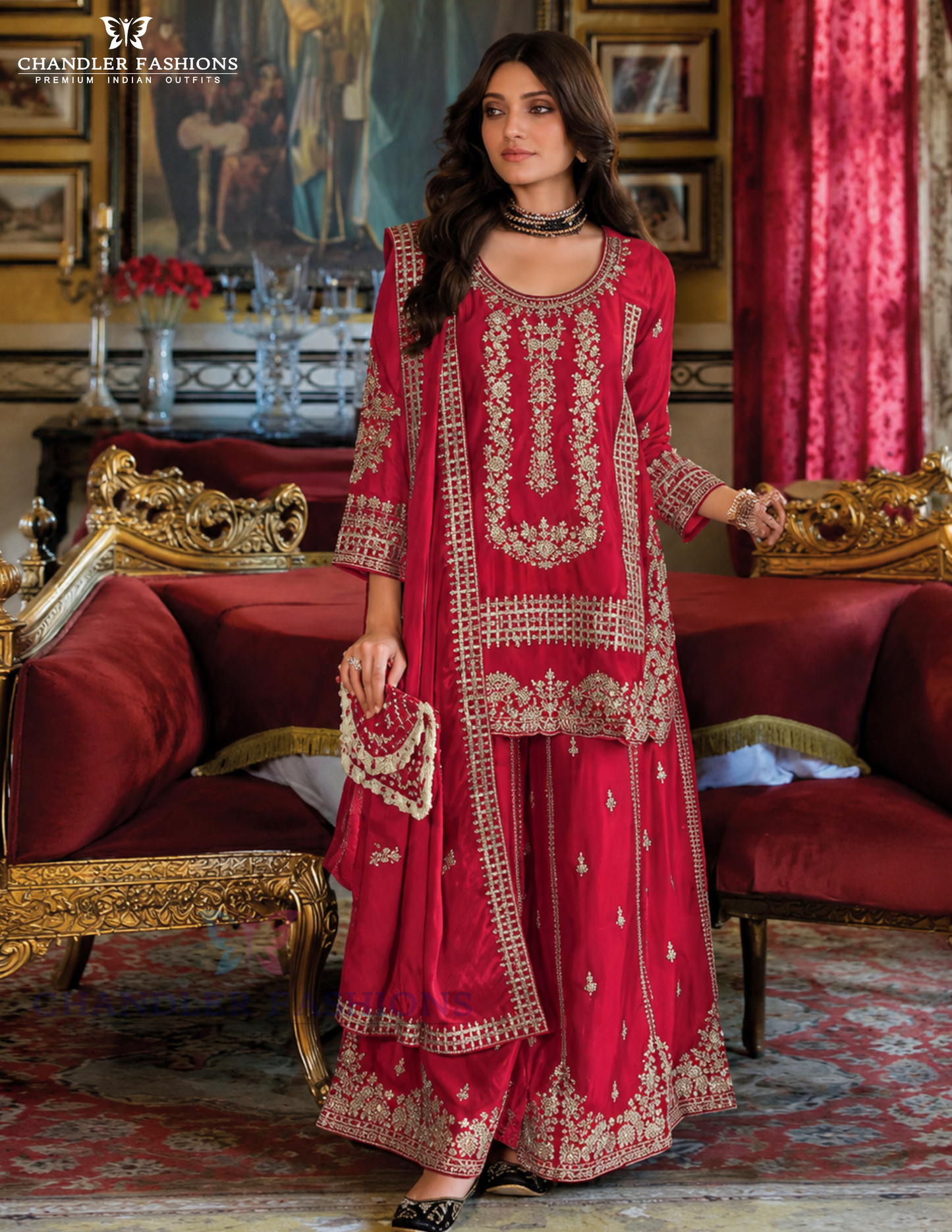 Charming Red Color Chinon With Embroidery Work Palazzo Suits With Dupatta