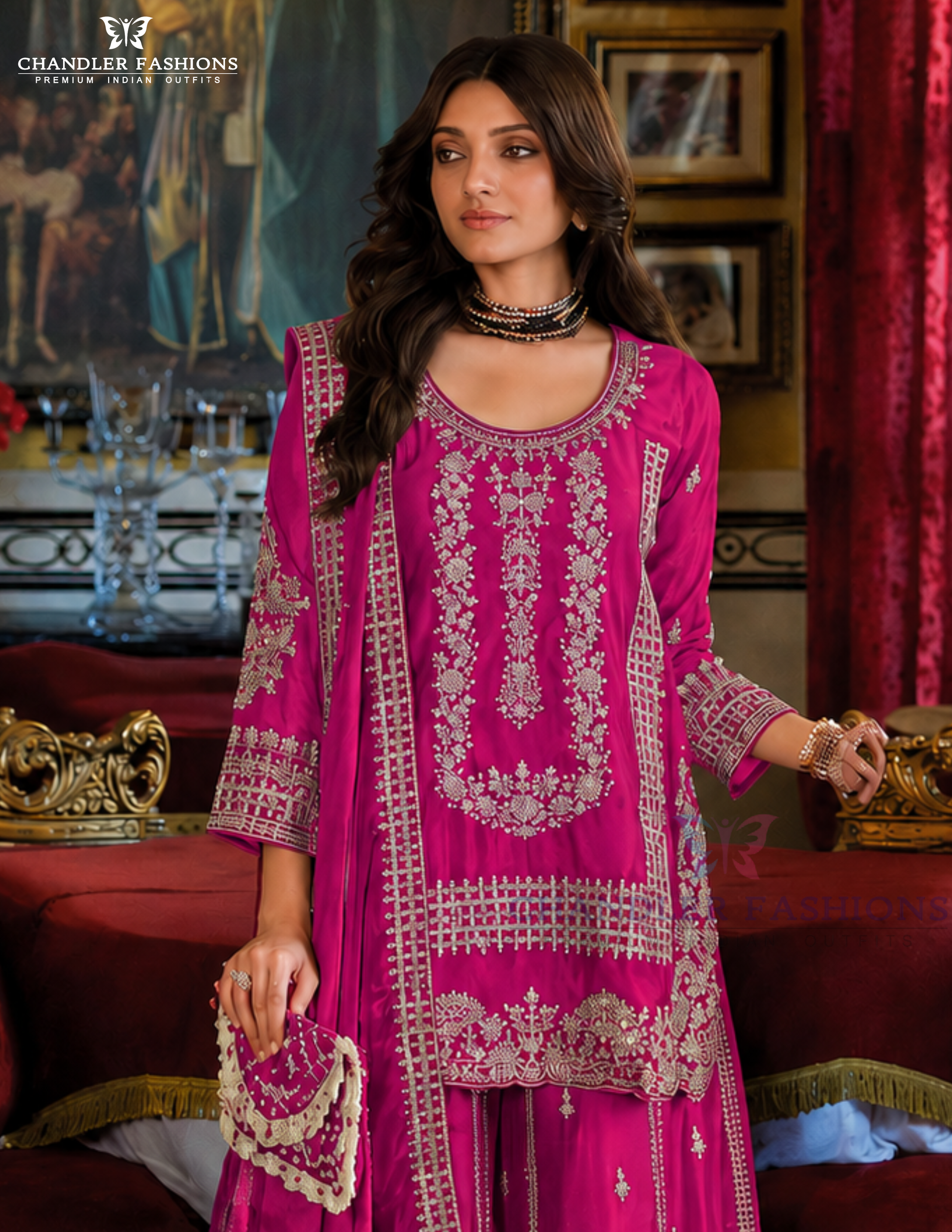 Pink Color Chinon With Embroidery Work Palazzo Suits Near Me