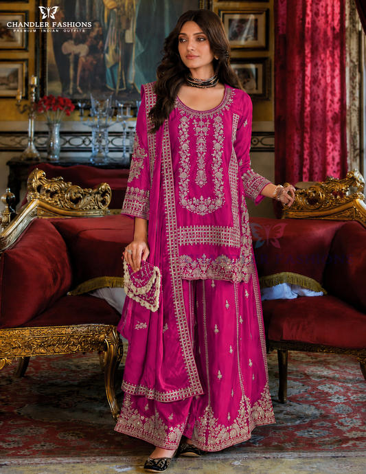 Captivating Pink Color Chinon With Embroidery Work Palazzo Suits With Dupatta