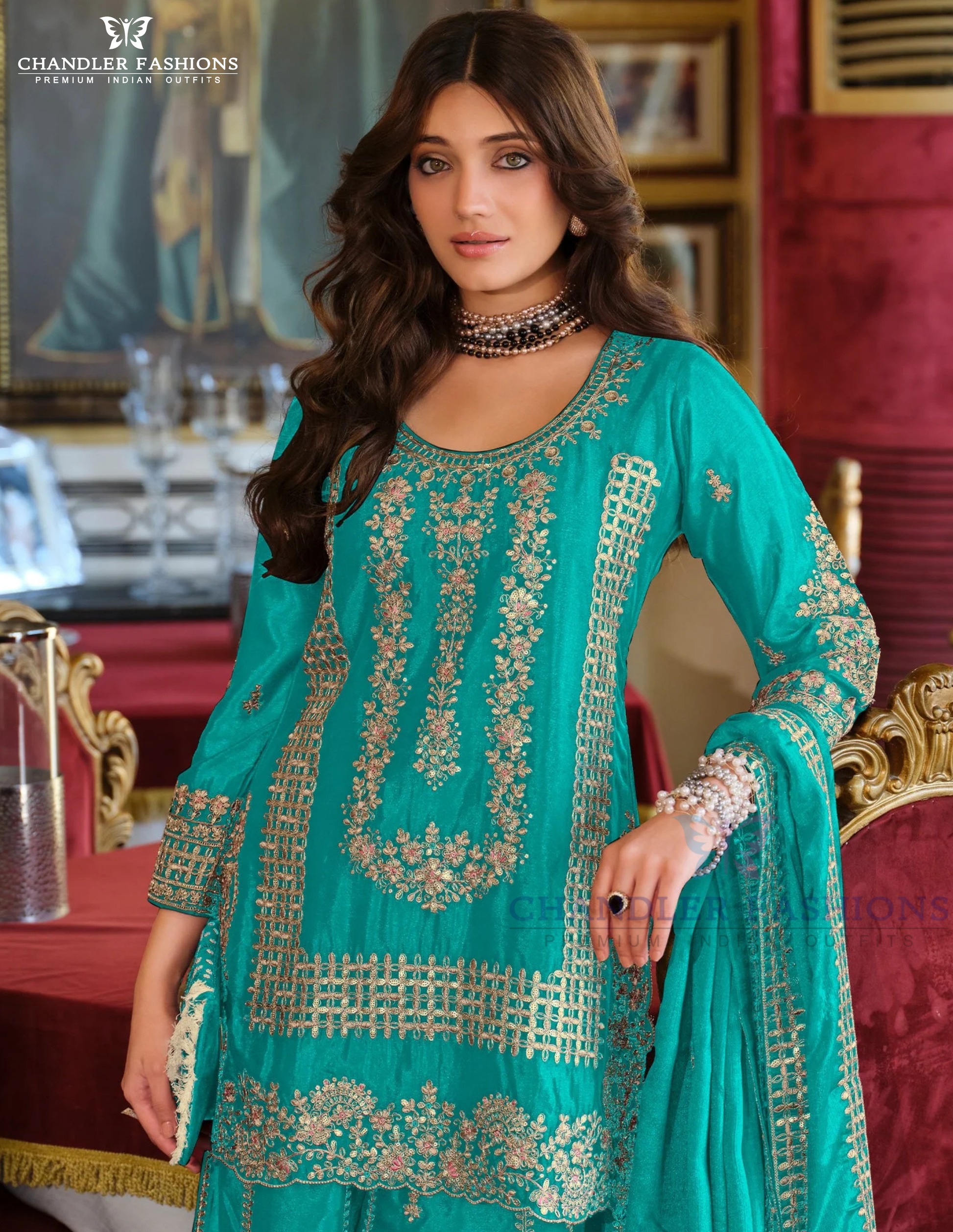 Sea Blue Color Chinon With Embroidery Work Palazzo Suits Near Me
