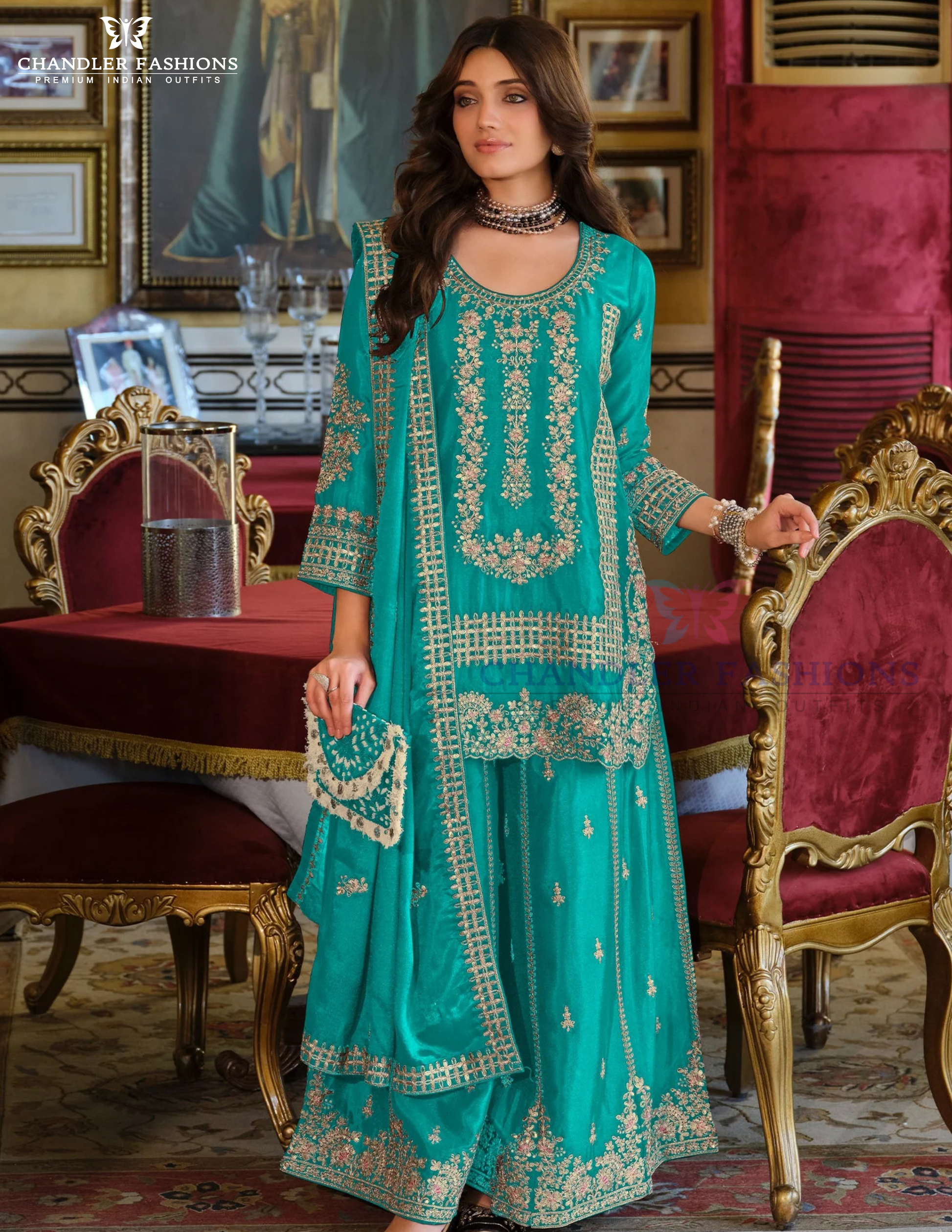 Alluring Sea Blue Color Chinon With Embroidery Work Palazzo Suits With Dupatta