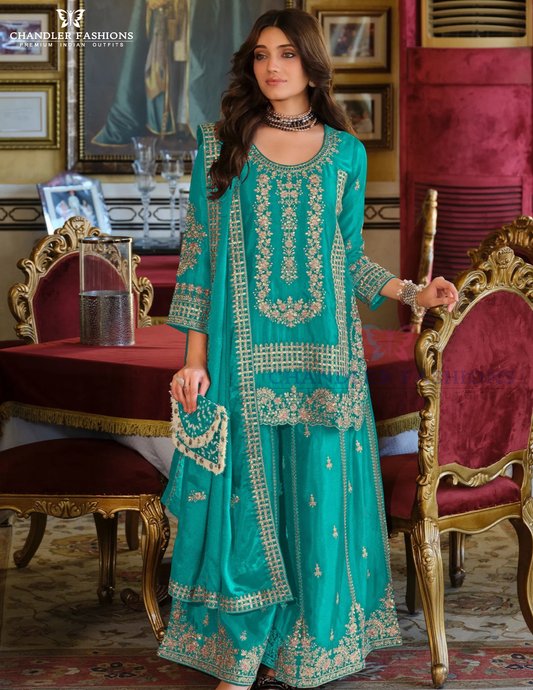 Alluring Sea Blue Color Chinon With Embroidery Work Palazzo Suits With Dupatta