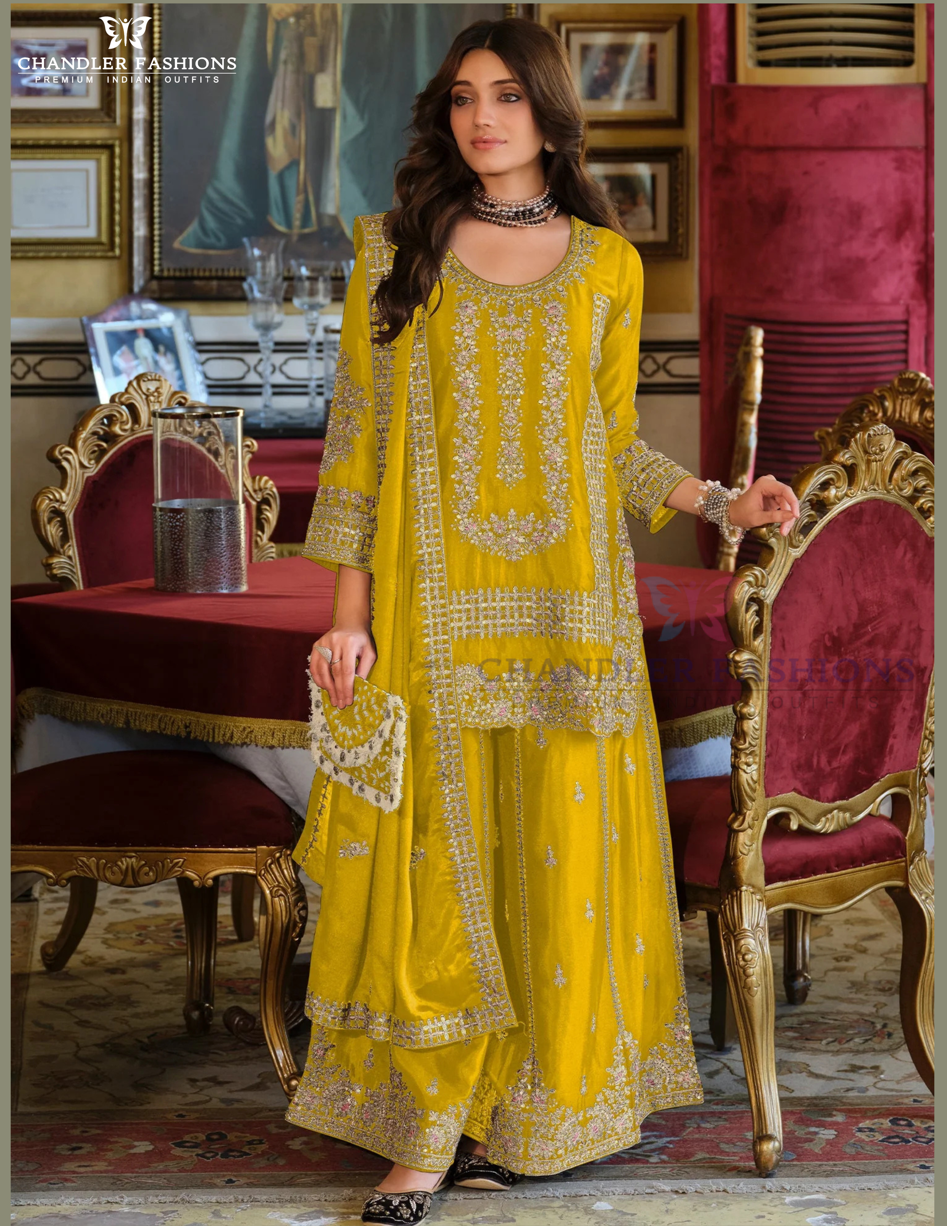 Awesome Yellow Color Chinon With Embroidery Work Palazzo Suits With Dupatta