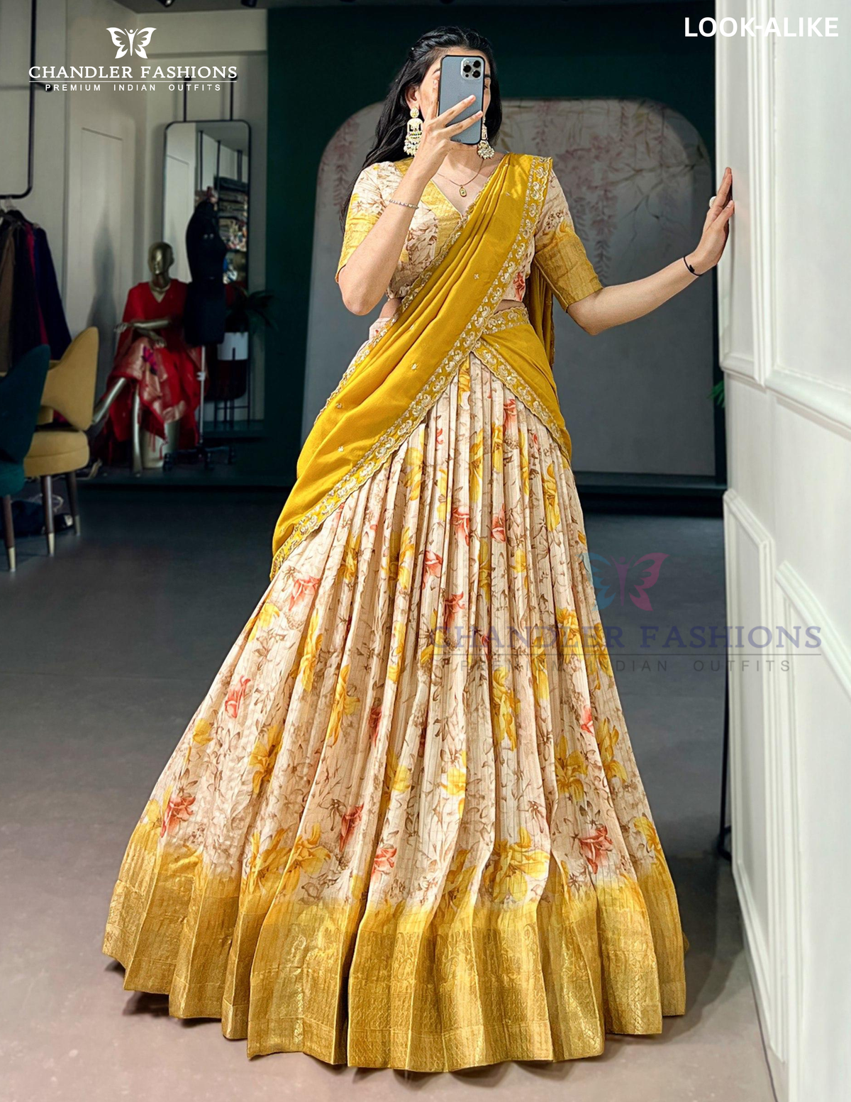Attractive Yellow Color Dola Chex With Floral Print And Zari Work Lehenga Choli With Dupatta