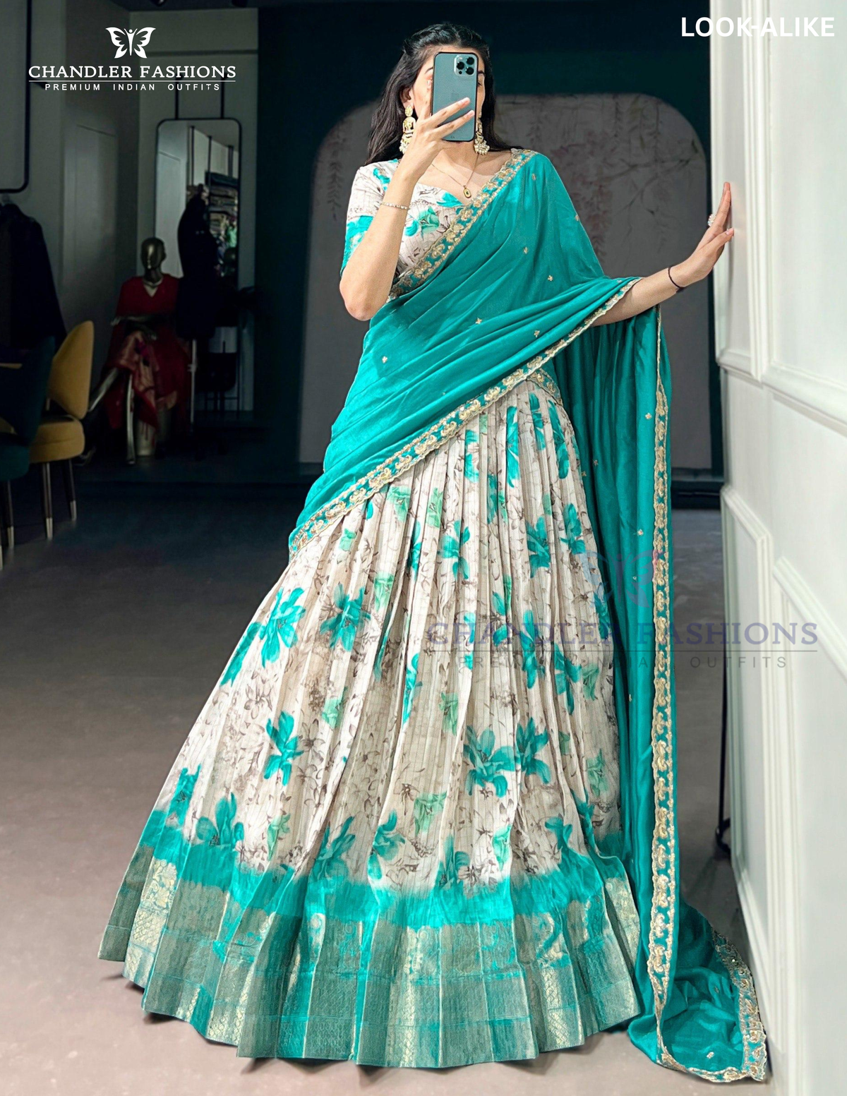 Beautiful Sea Blue Color Dola Chex With Floral Print And Zari Work Lehenga Choli With Dupatta