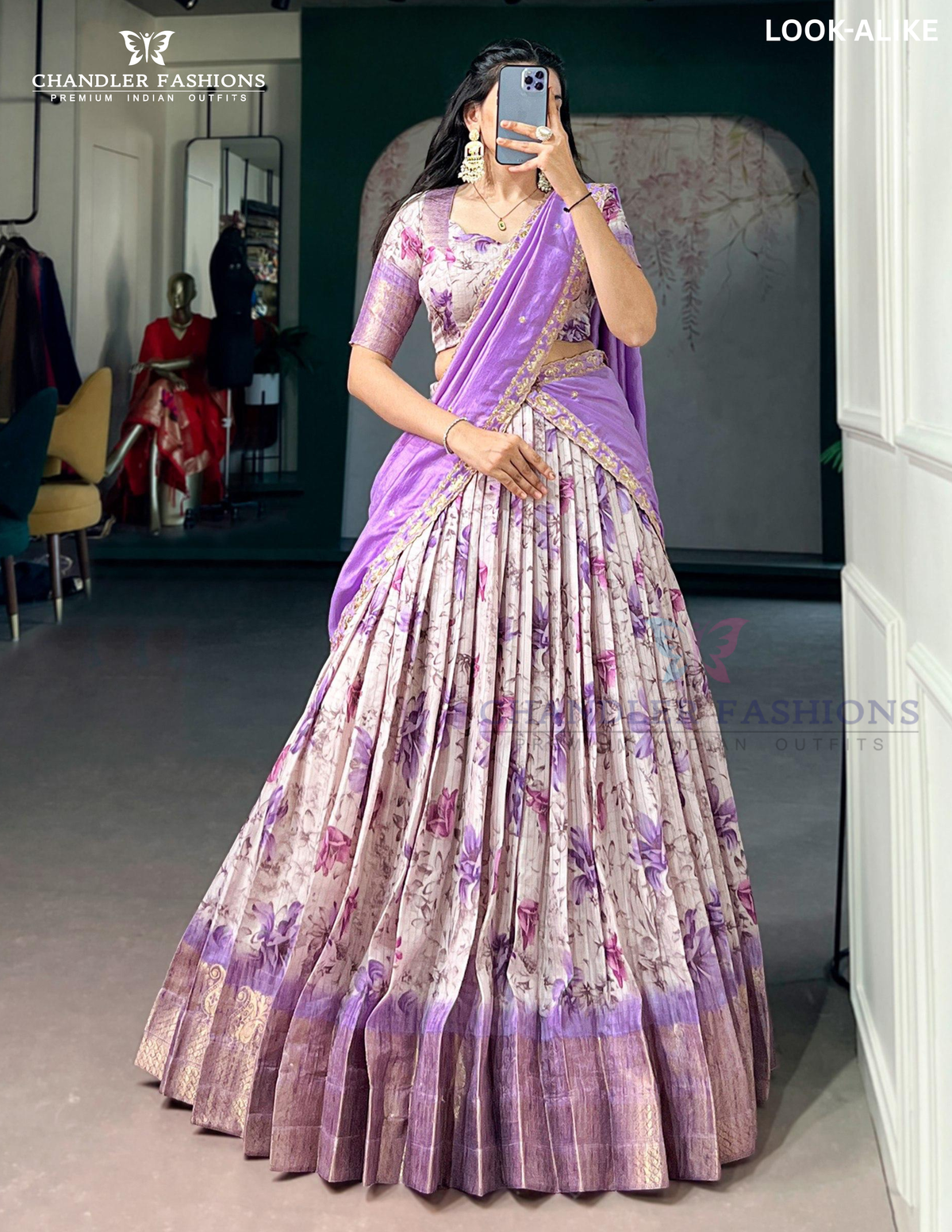 Elegant Lavender Color Dola Chex With Floral Print And Zari Work Lehenga Choli With Dupatta