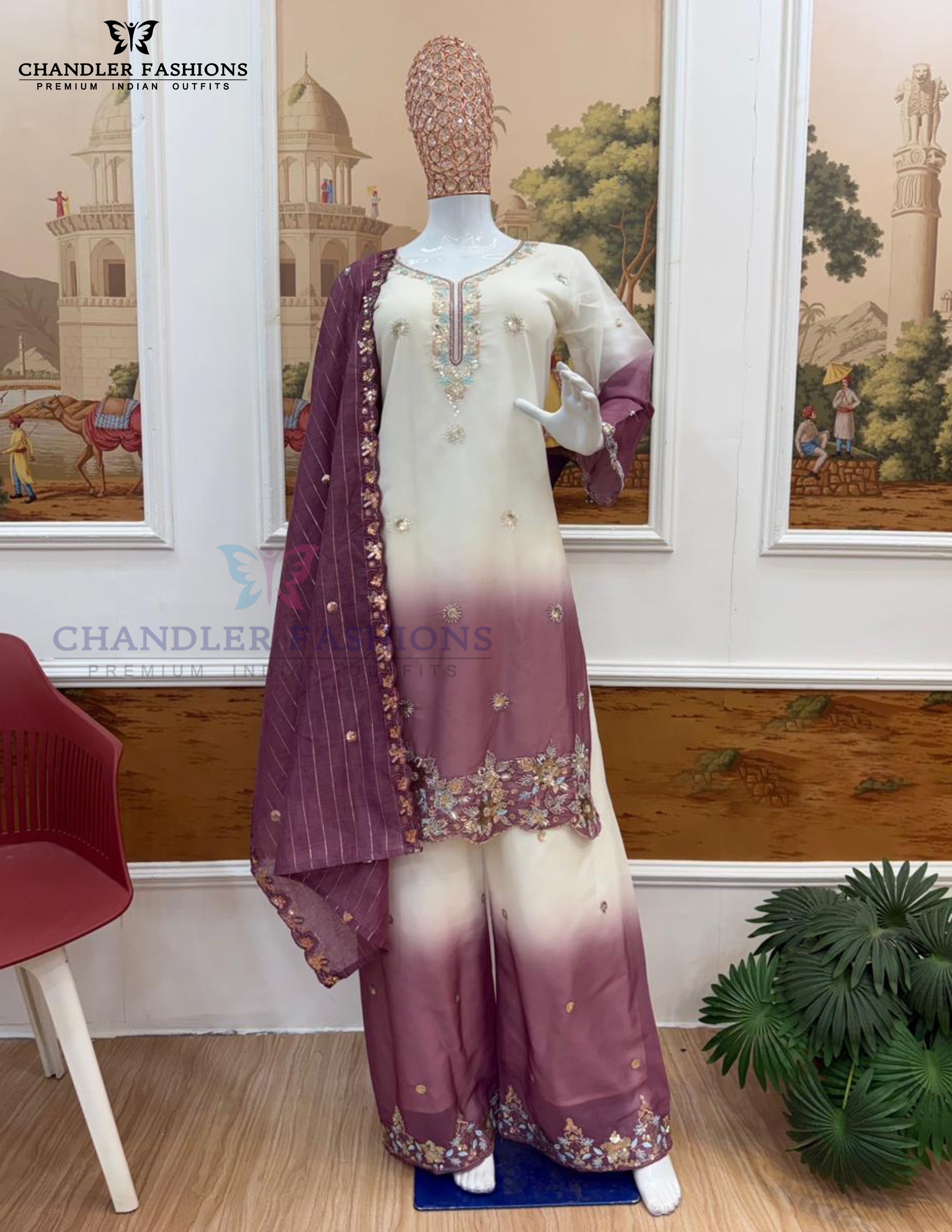 Purple Color Sequins And Embroidery Work Palazzo Suits In Peoria