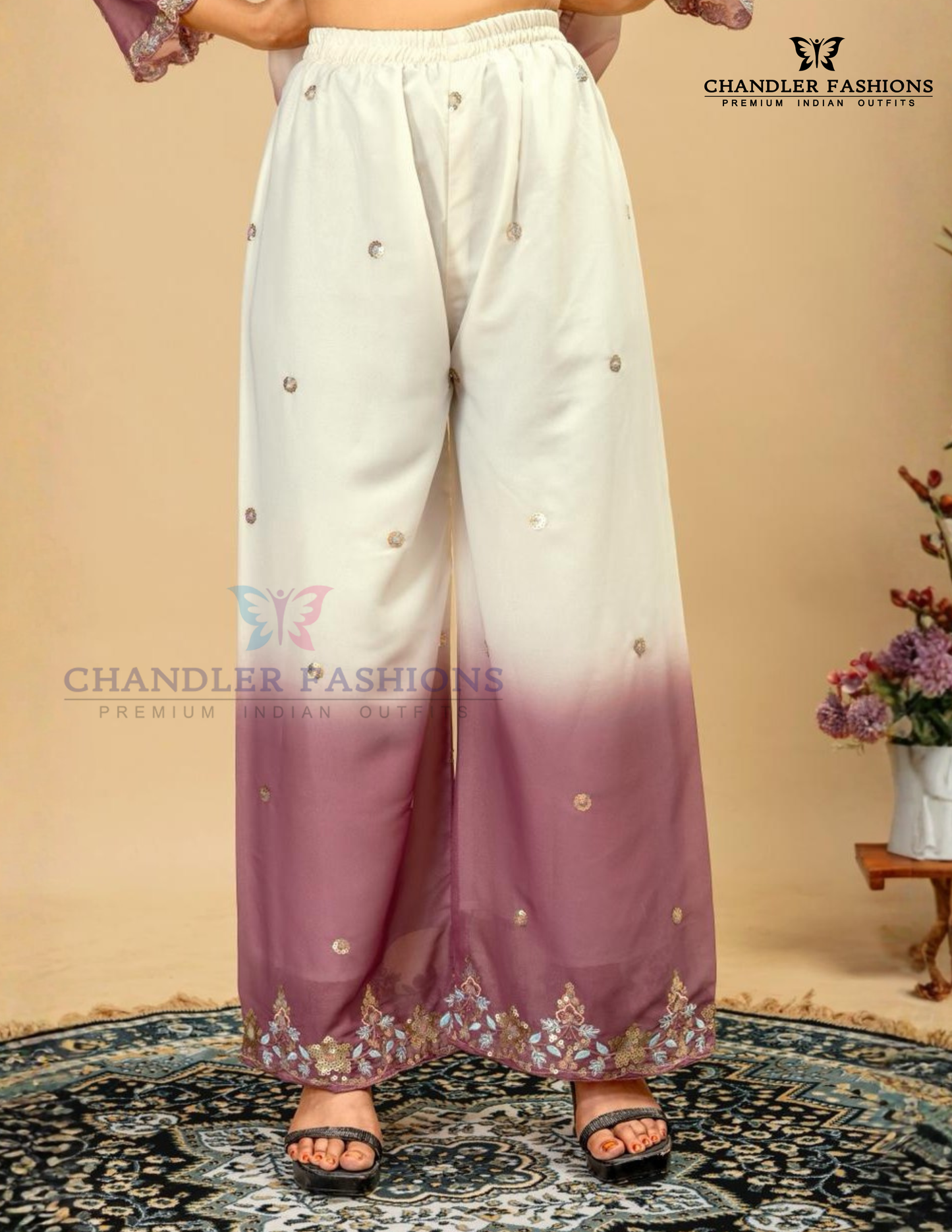 White And Purple Color Georgette Palazzo Suits In Mesa