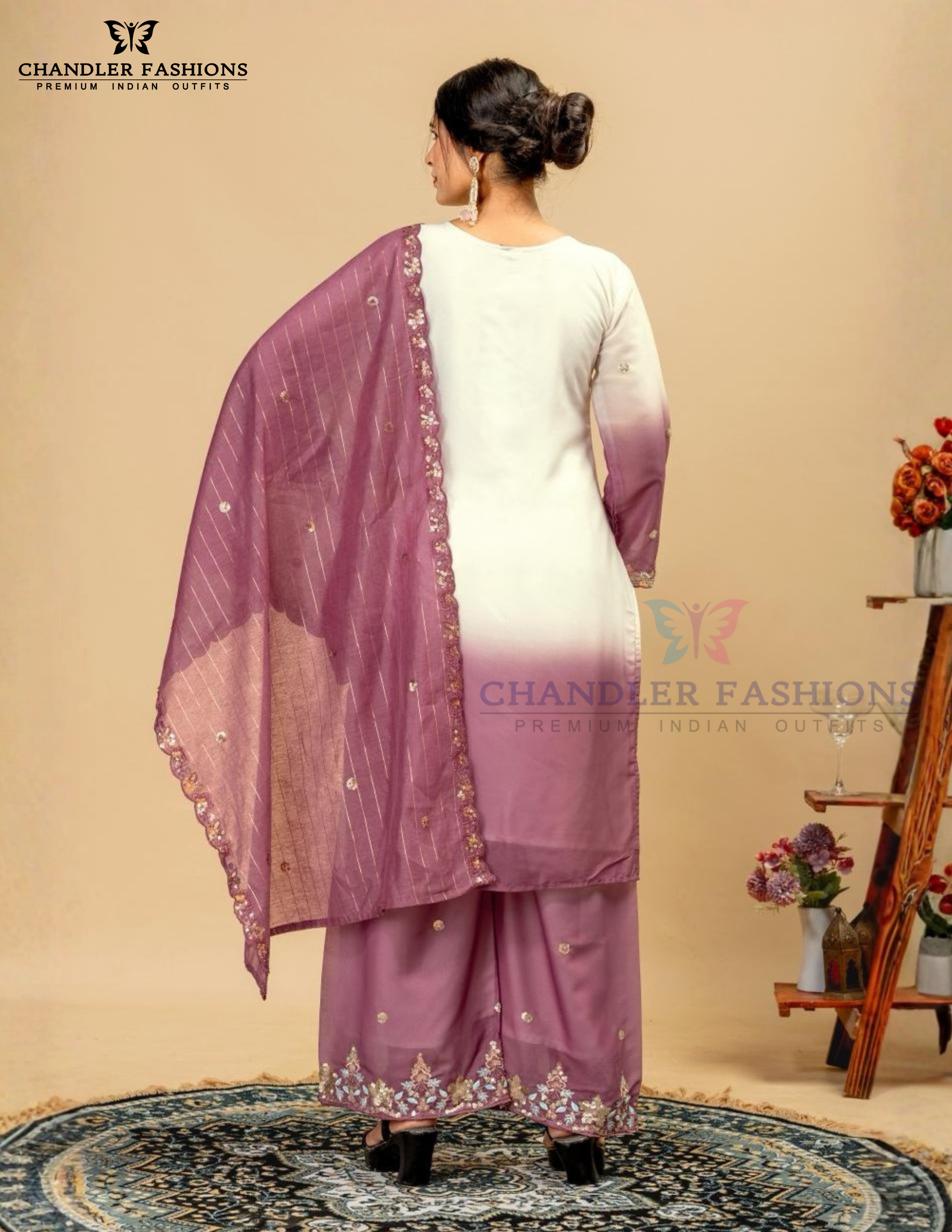 White And Purple Color Georgette With Sequins Work Palazzo Suits In Suncity