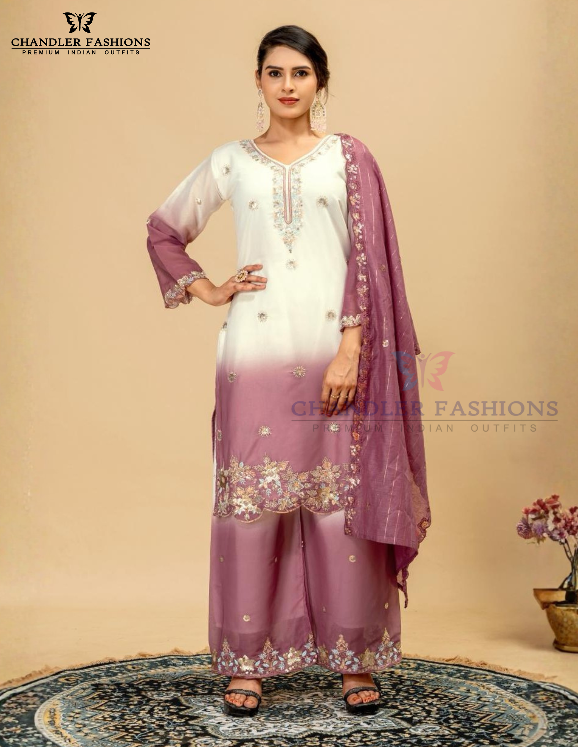 Alluring White And Purple Color Georgette With Sequins And Embroidery Work Palazzo Suits