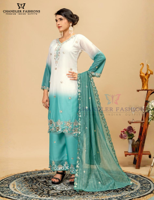 Amazing White And Blue Color Georgette With Sequins And Embroidery Work Palazzo Suits
