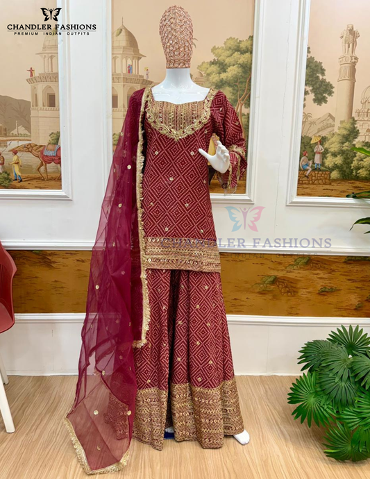 Attractive Maroon Color French Crepe With Embroidery Work Sharara Suits For Women