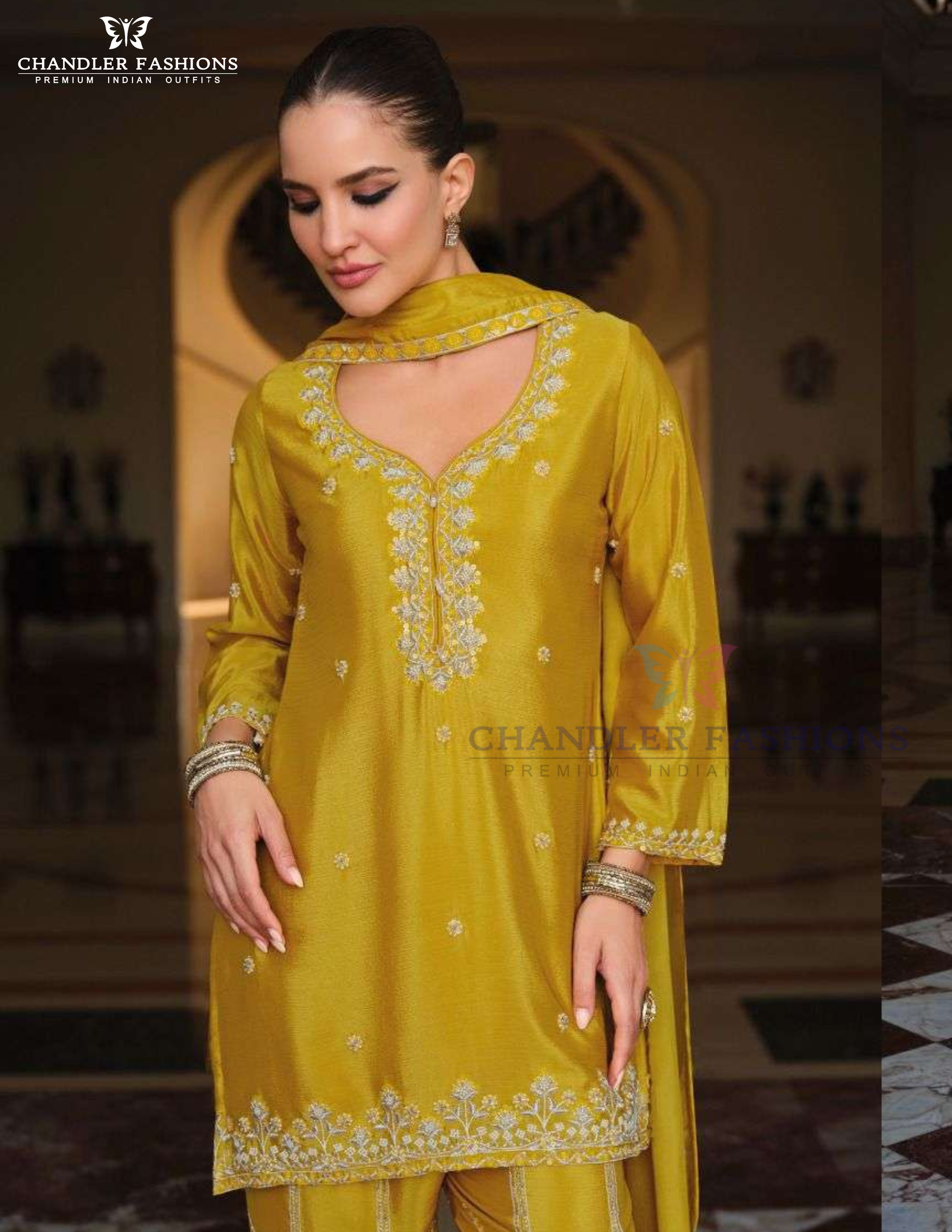 Mustard Yellow Color Chinon With Embroidery Work Sharara Suits Near Me