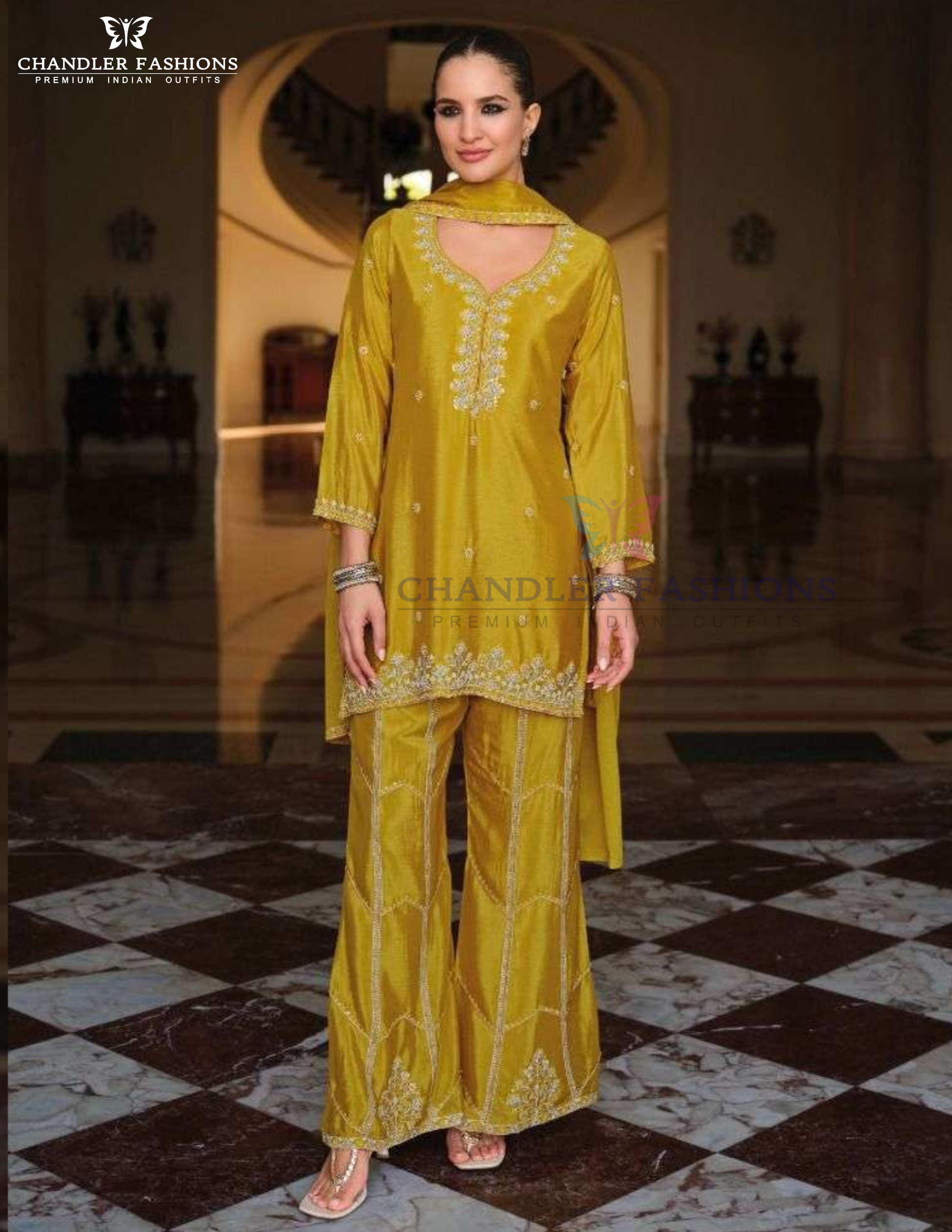 Amazing Mustard Yellow Color Chinon With Embroidery Work Sharara Suits For Women
