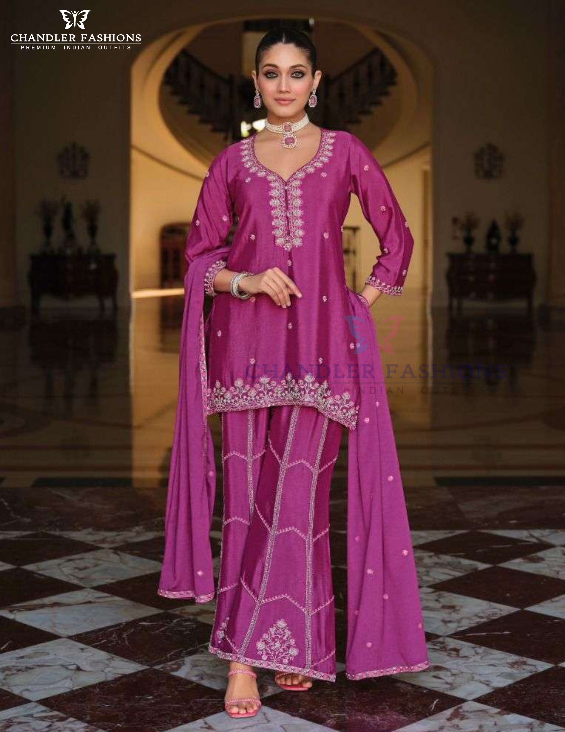 Amazing Rani Pink Color Chinon With Embroidery Work Sharara Suits For Women