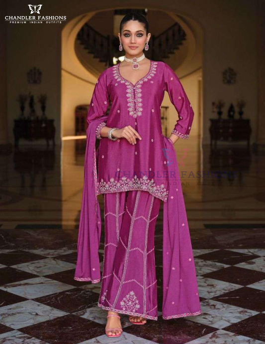 Amazing Rani Pink Color Chinon With Embroidery Work Sharara Suits For Women