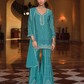 Amazing Bluish Green Color Chinon With Embroidery Work Sharara Suits For Women