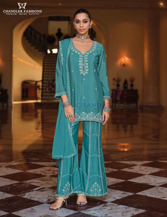 Amazing Bluish Green Color Chinon With Embroidery Work Sharara Suits For Women