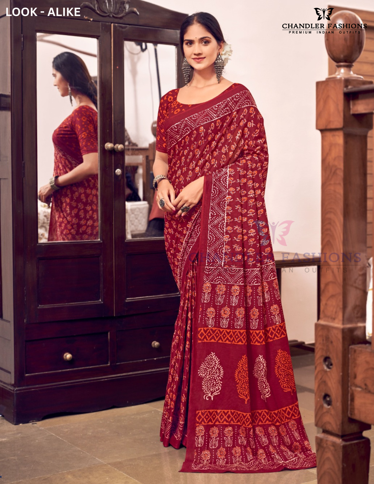 Amazing Dark Red Color Mul Mul Cotton With Floral Motif Printed Work Saree