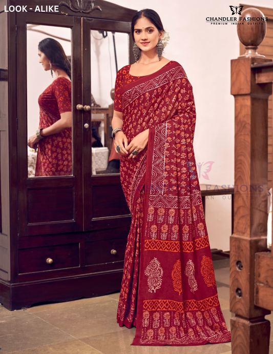 Amazing Dark Red Color Mul Mul Cotton With Floral Motif Printed Work Saree