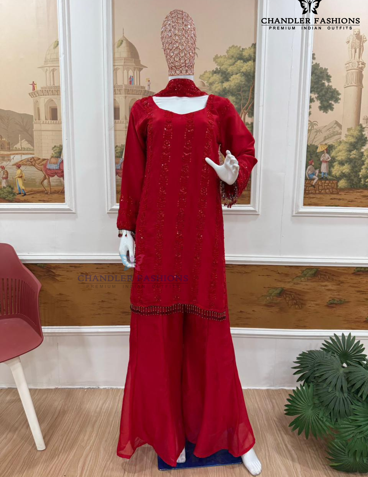Red Color Palazzo Suit Embroidery Work In Suncity