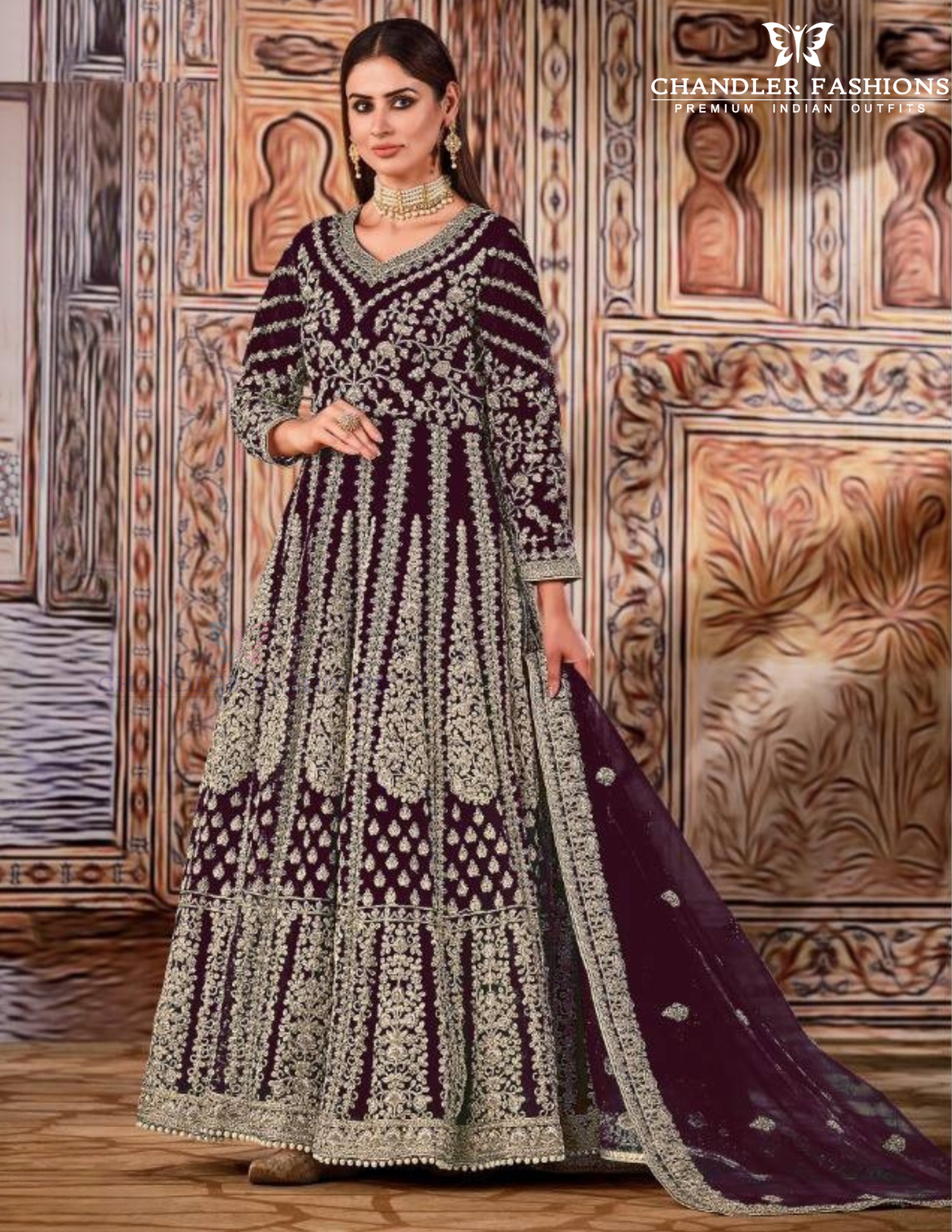 Amazing Wine Color Butterfly Net With Embroidered Anarkali Suit For Women