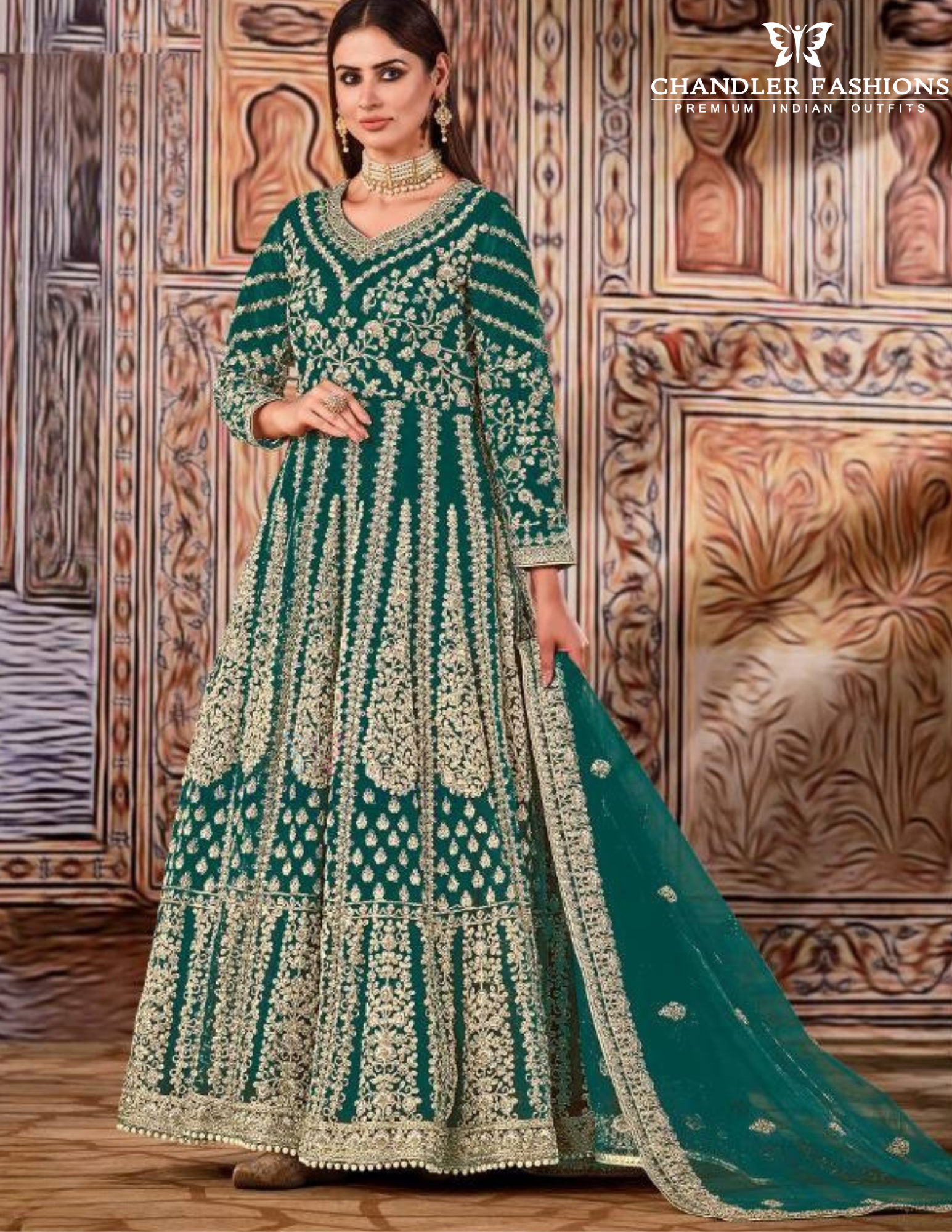 Amazing Green Color Butterfly Net With Embroidered Anarkali Gown For Women