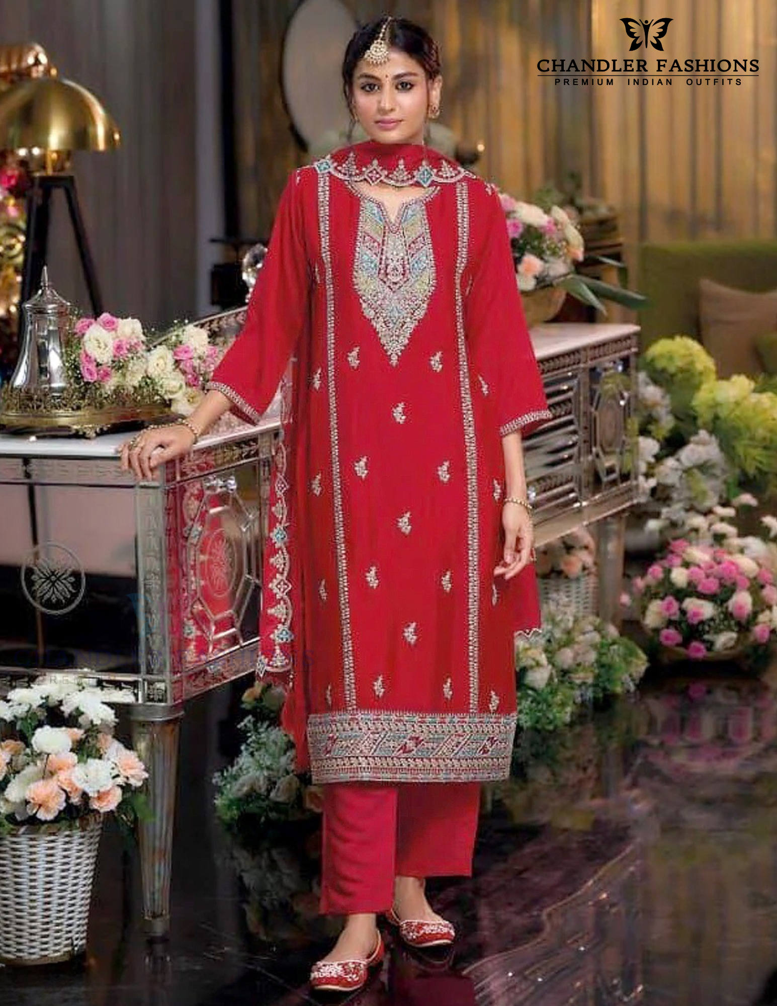Amazing Red Color Chinon Silk With Embroidery And Sequins Work Palazzo Suit For Women