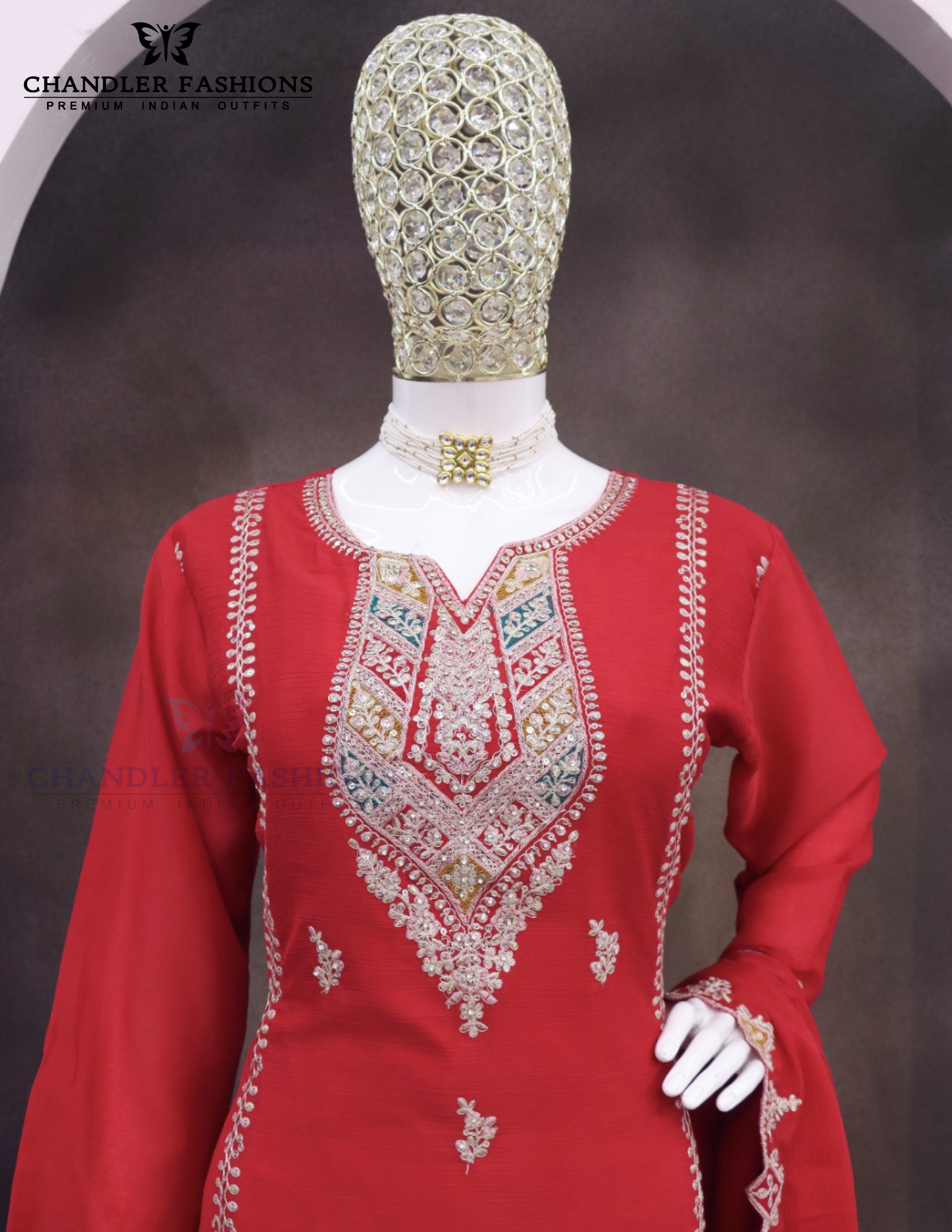 Red Color Chinon Silk With Embroidery Work Palazzo Suit In USA