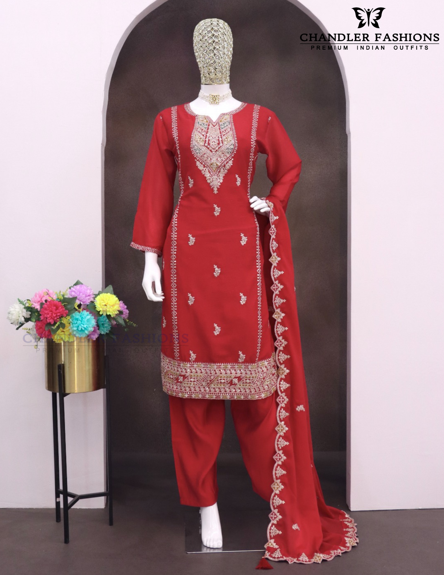 Red Color Chinon Silk With Embroidery And Sequins Work Palazzo Suit Near Me