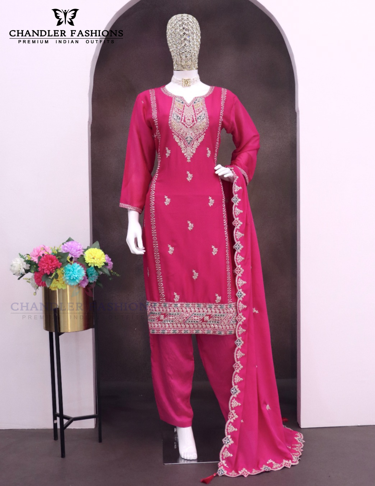 Pink Color Chinon Silk With Embroidery And Sequins Work Palazzo Suit Near Me