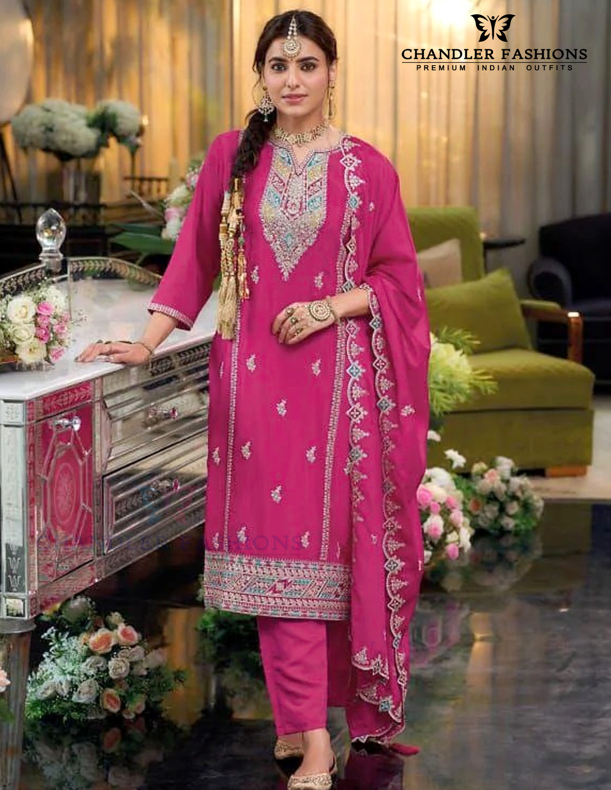 Wonderful Pink Color Chinon Silk With Embroidery And Sequins Work Palazzo Suit For Women
